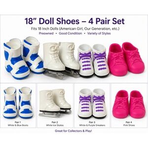 Funrise 18 Inch Doll Shoes 4 Pair Set Ice Skates Boots Sneakers Pink Flats 2012